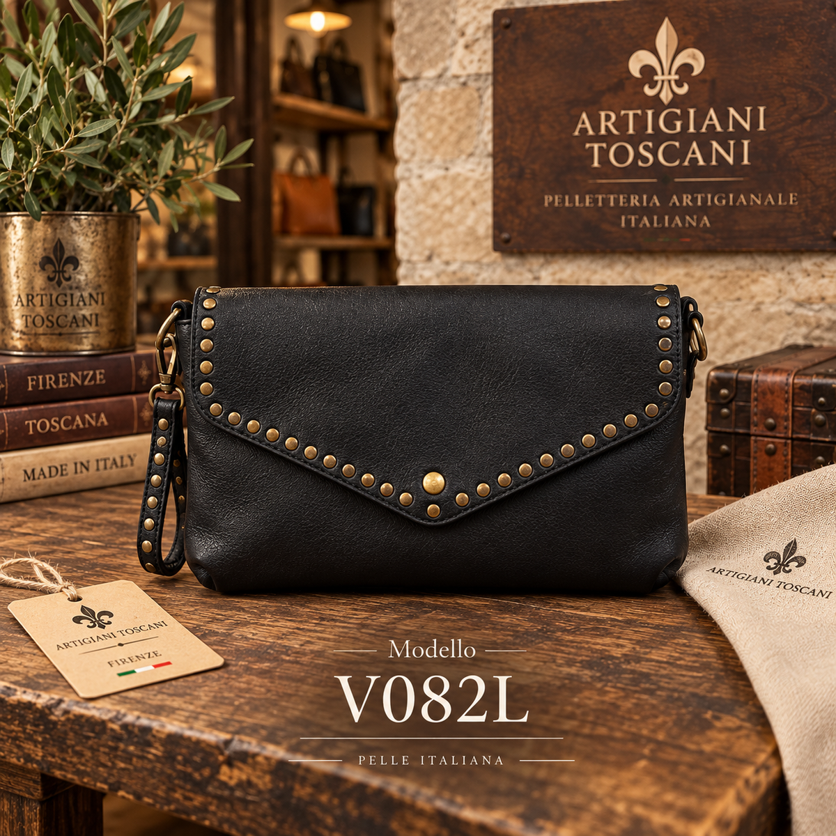 V082L – Borsa Artigianale in Pelle con Borchie