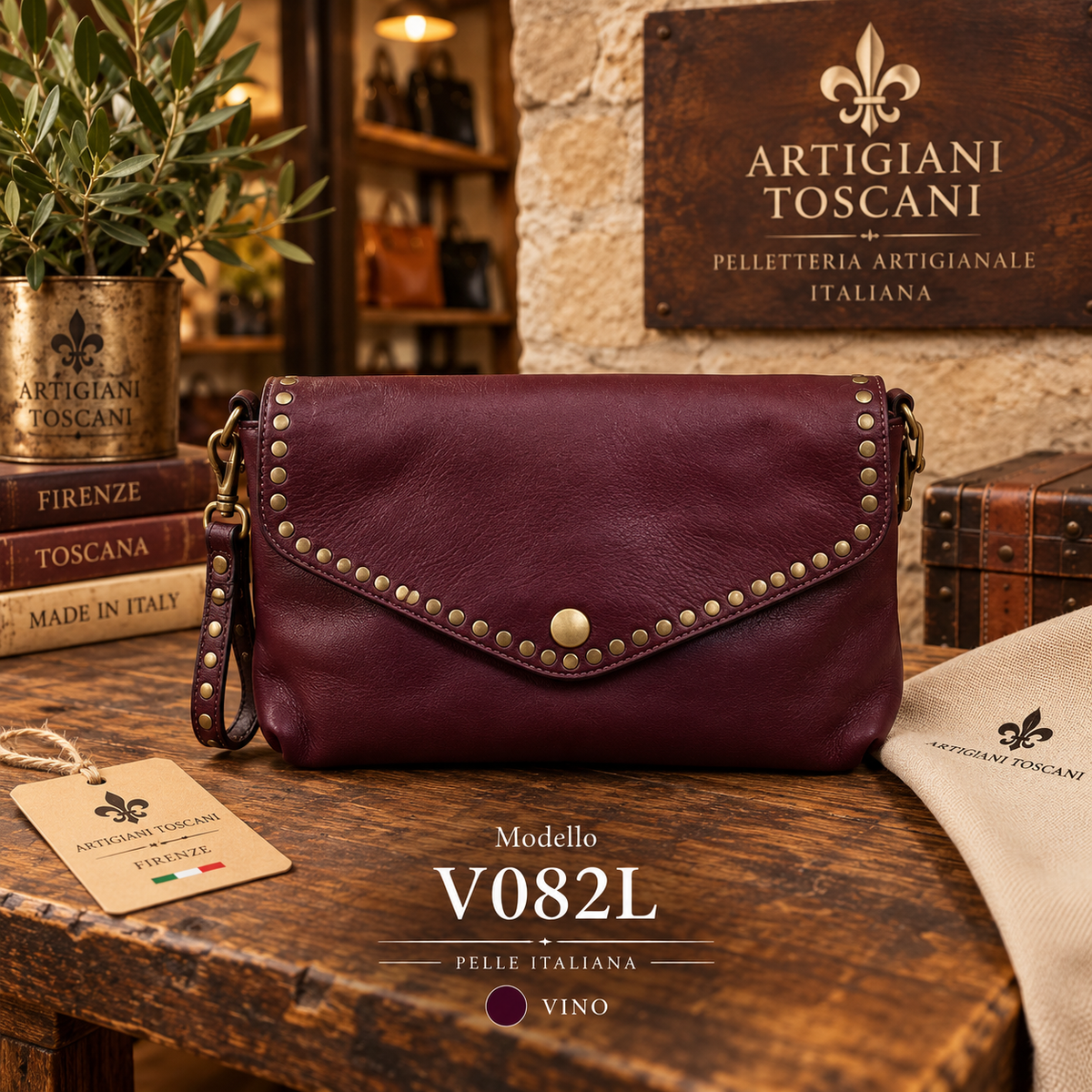 V082L – Borsa Artigianale in Pelle con Borchie