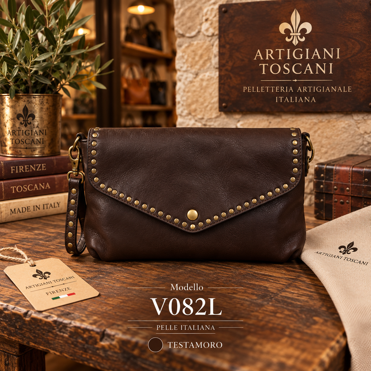 V082L – Borsa Artigianale in Pelle con Borchie